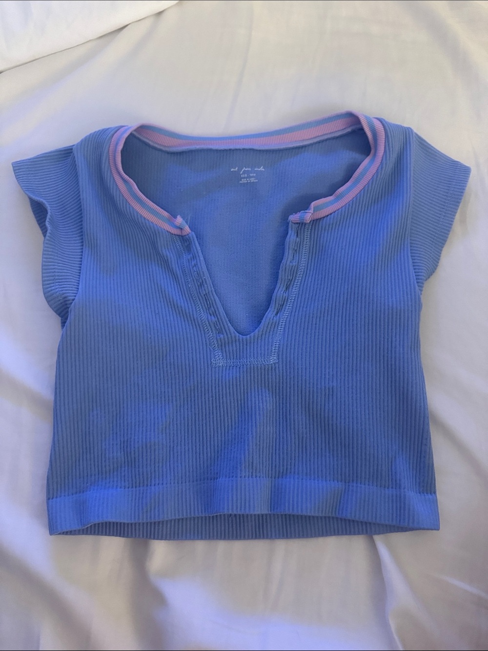 Blue Ribbed V-Neck Top with Pink Trim